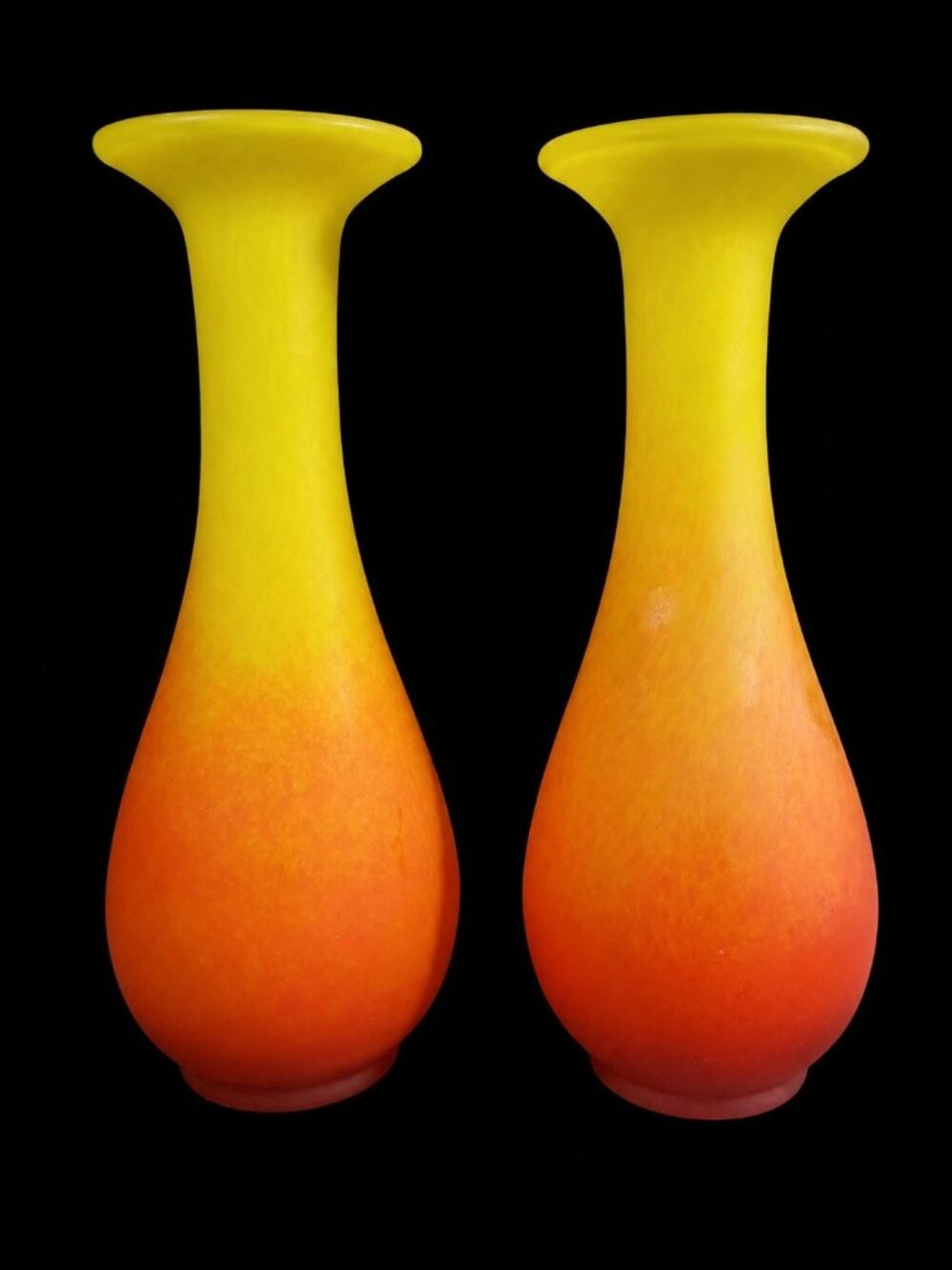 2 X 12" Atomic Mid Century Hand Blown Ombre  Art Glass Orange Yellow Vases